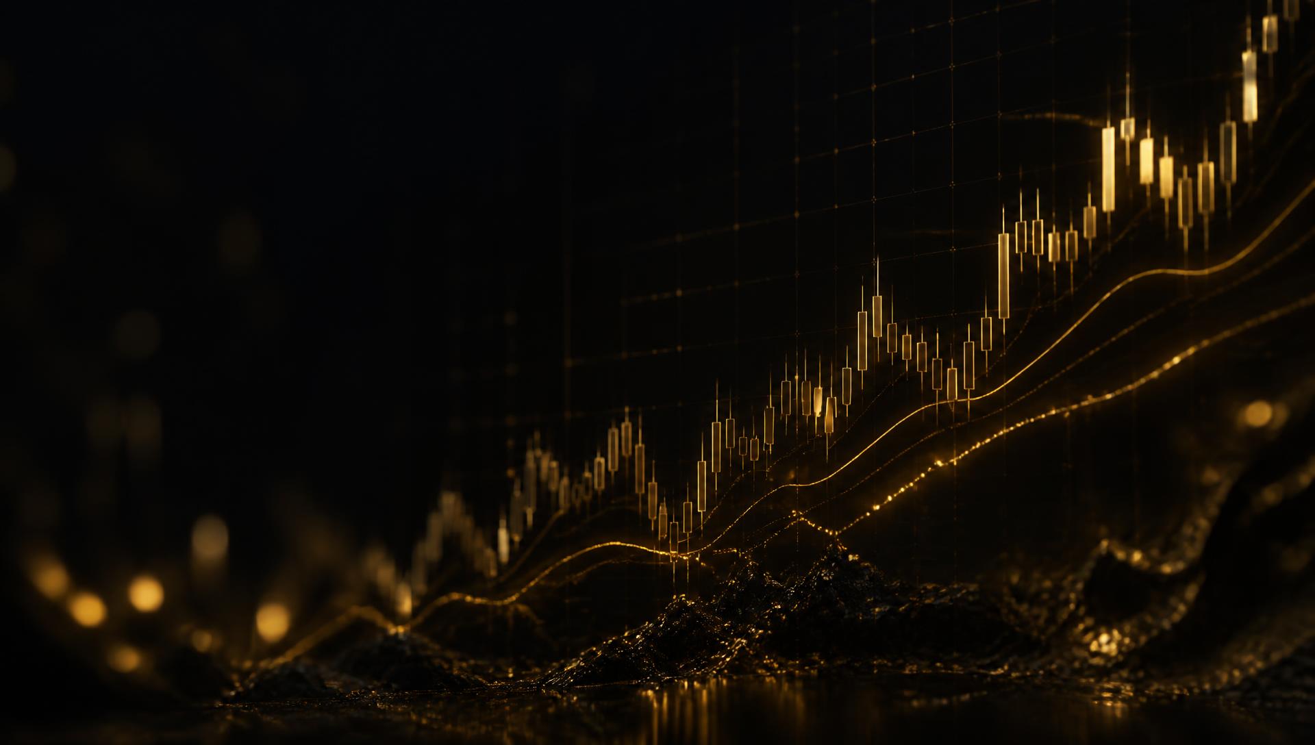 Gold candlestick trading chart on a dark background